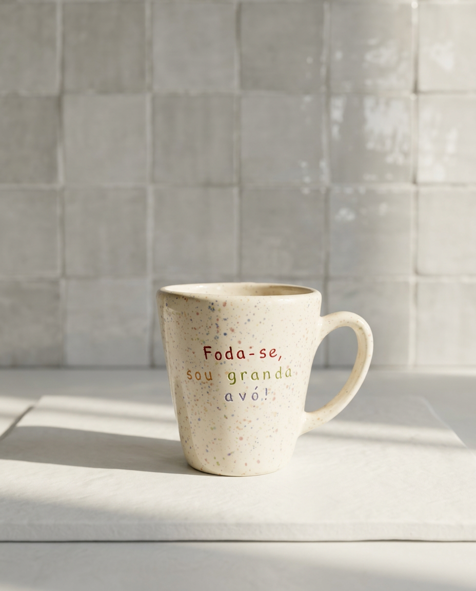 Caneca em cerâmica creme com salpicado colorido e frase gravada Foda-se sou granda avó em letras coloridas, Tia Cila