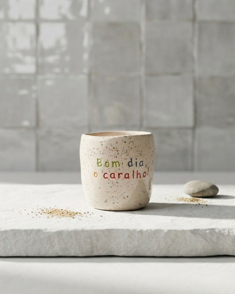 Copo de café em cerâmica creme com salpicado colorido e frase gravada Bom dia o caralho em letras coloridas, Tia Cila