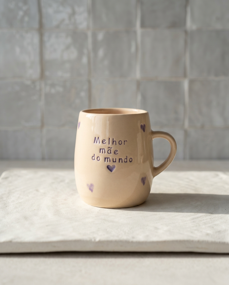 Caneca de cerâmica bege com vários corações pretos pintados e a frase "Melhor mãe do mundo" gravada, num ambiente minimalista com luz natural.
