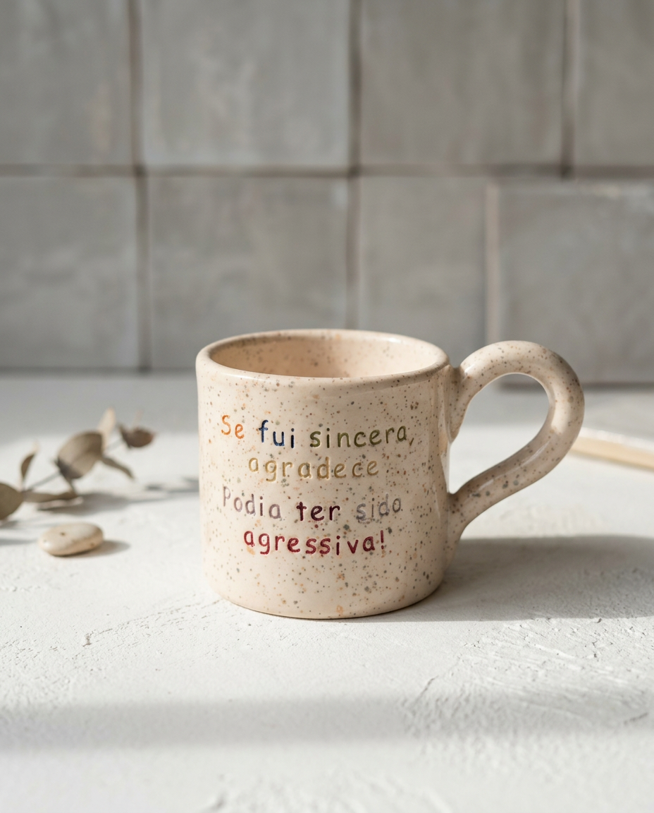 caneca de ceramica artesanal com pega salpicada com cores coloridas e a frase se fui sincera agradece podia ter sido agressiva marca tia cila