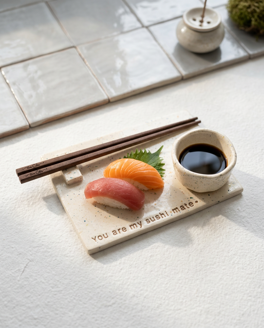 Conjunto de sushi artesanal modelo Flávia em cerâmica com salpicado, criado pela Tia Cila, com pauzinhos de madeira de sândalo.