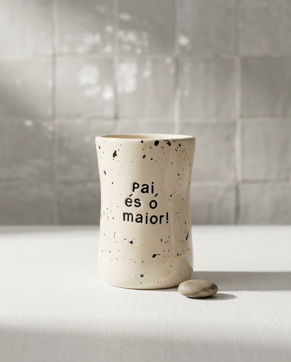 Copo alto Benedita da Tia Cila, cerâmica branca com salpicado preto e a frase gravada "Pai, és o maior!".