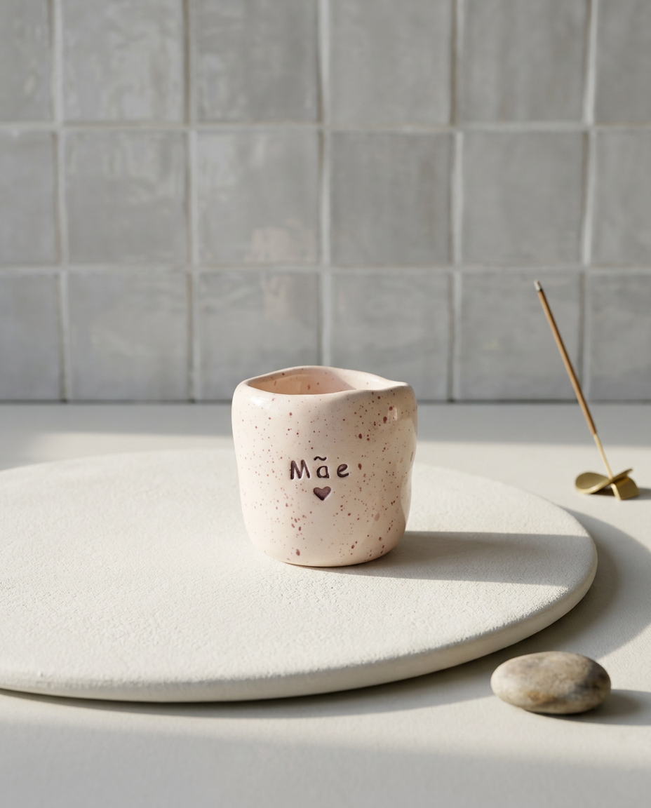 Copo de café em cerâmica artesanal sem asa, modelo Inês, com a palavra "Mãe" e um coração gravados, acabamento salpicado em tons de rosa sobre base circular branca.