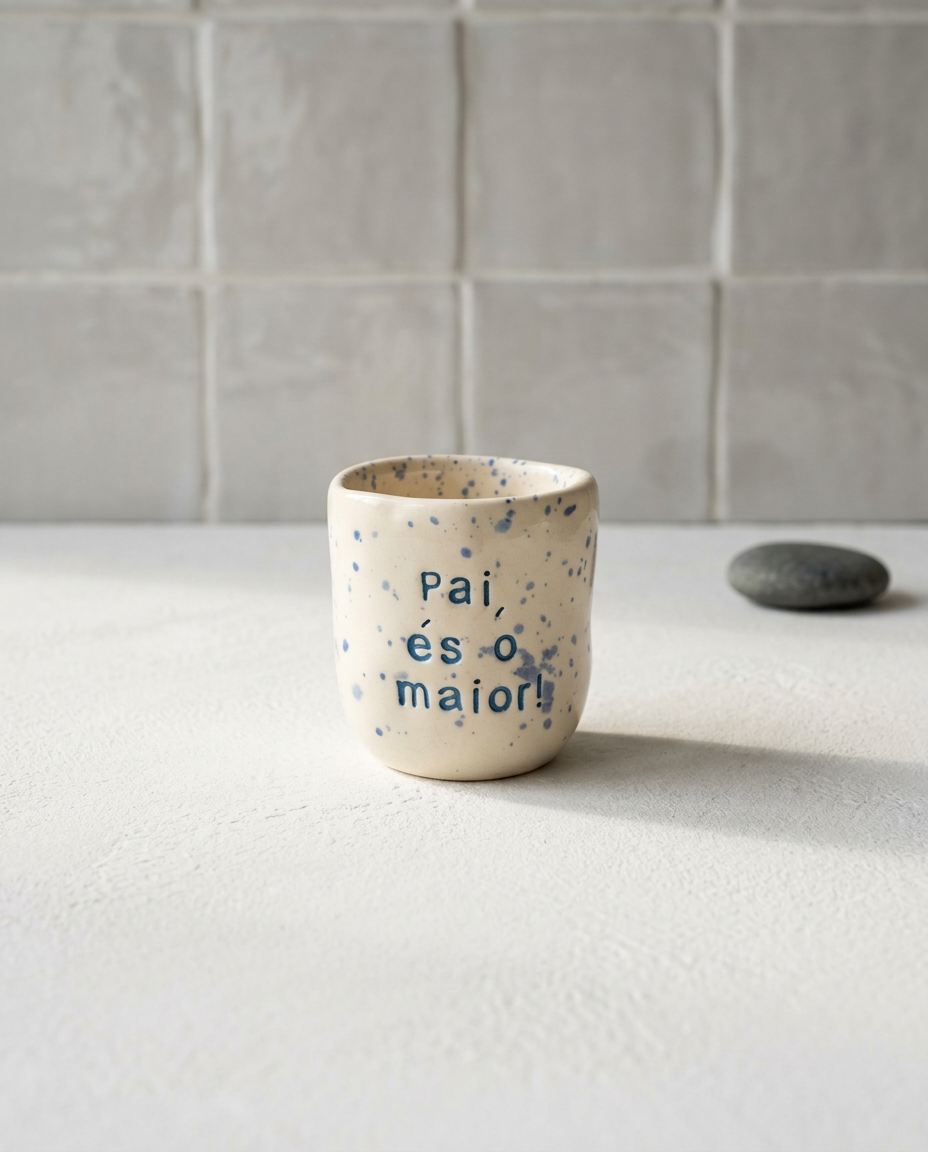 Copo de café pequeno em cerâmica artesanal com salpicado azul e a frase "Pai, és o maior!" gravada, modelo Inês da Tia Cila.