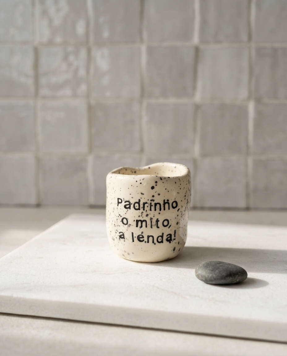 Copo de cerâmica artesanal modelo Inês, cor creme com salpicados escuros. Apresenta a frase "Padrinho, o mito, a lenda!" gravada no exterior, fotografado sobre uma placa de mármore.
