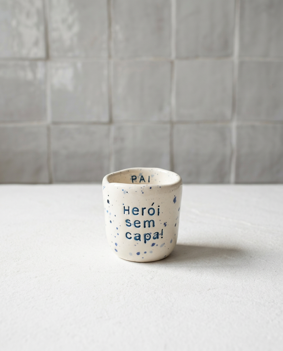 Copo de café em cerâmica artesanal branca com salpicado azul e a frase "Pai Herói sem capa" gravada à mão