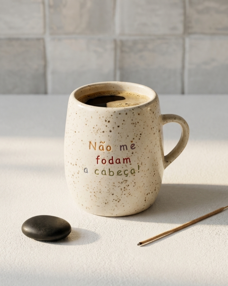 Caneca em cerâmica creme com salpicado castanho e frase gravada Não me fodam a cabeça em letras coloridas, Tia Cila