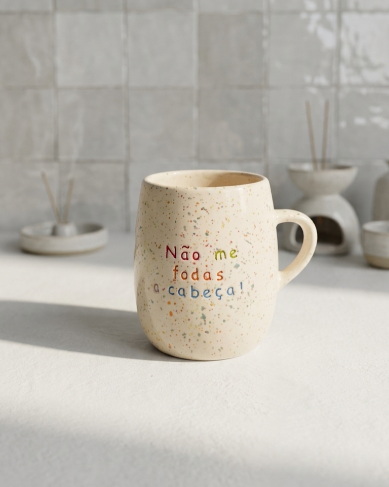 Caneca em cerâmica creme com salpicado colorido e frase gravada Não me fodas a cabeça em letras coloridas, Tia Cila