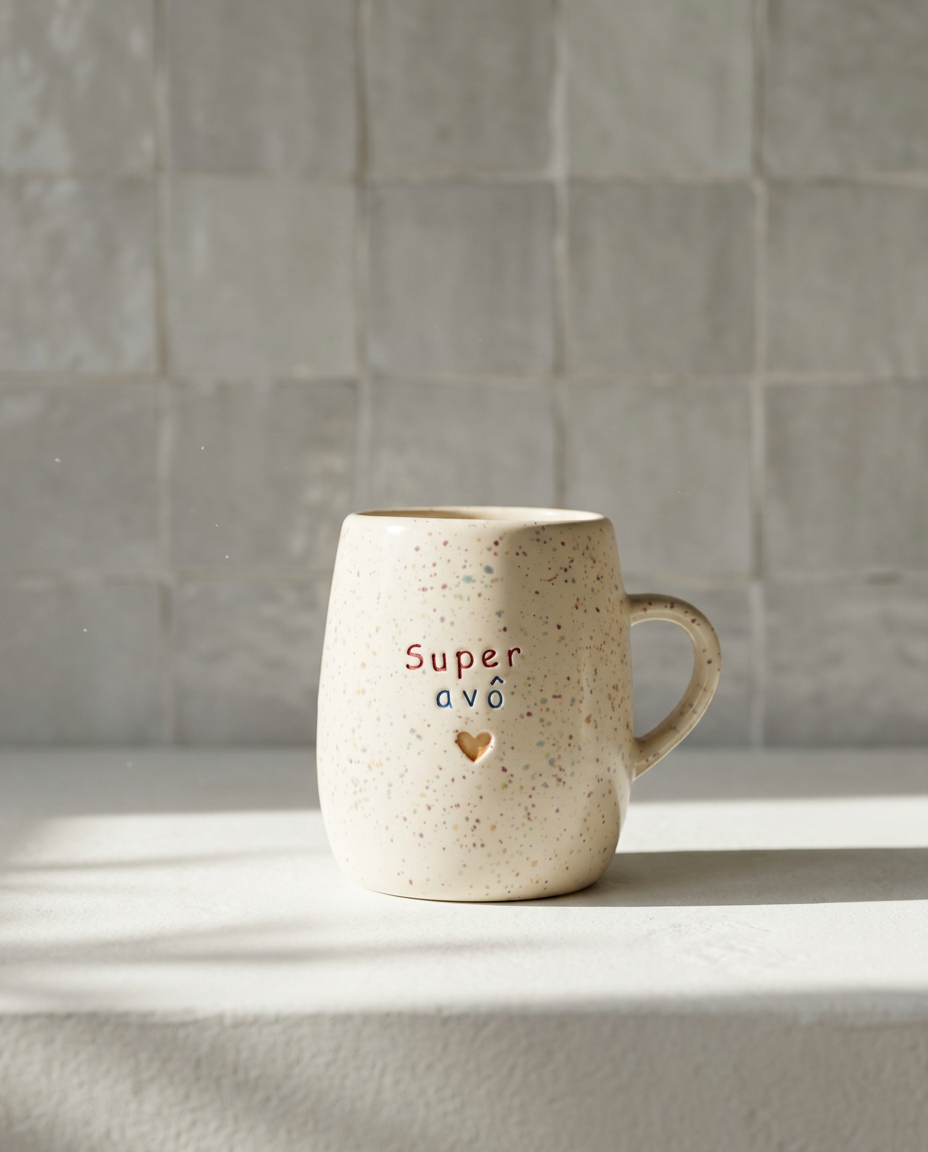 Caneca em cerâmica creme com salpicado multicolor e frase gravada Super avô em vermelho e azul com coração dourado, Tia Cila