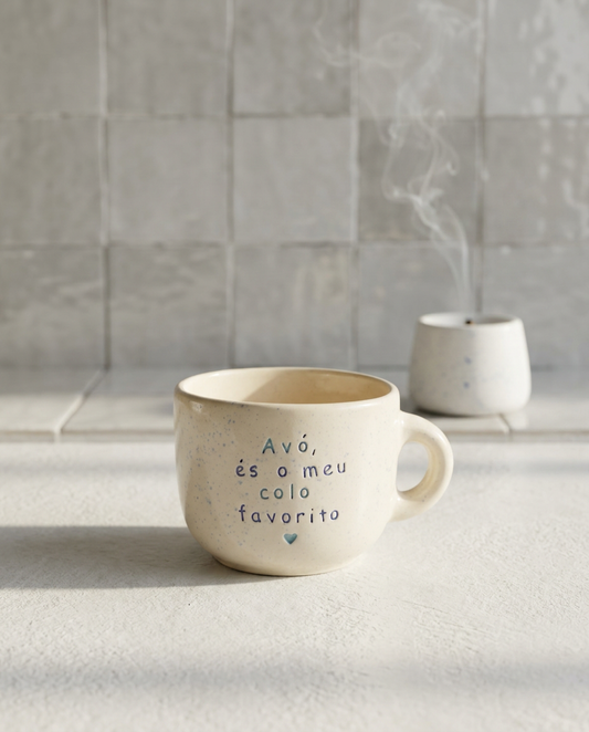 Caneca rechonchuda em cerâmica salpicado turquesa e lilás e frase gravada Avó és o meu colo favorito, Tia Cila