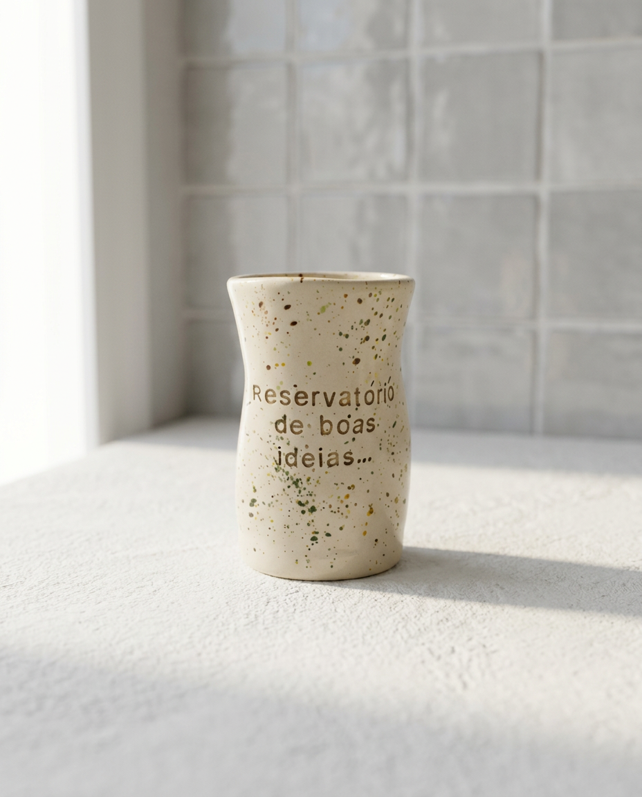 Copo Benedita em cerâmica artesanal com salpicado, gravado com a frase "Reservatório de boas ideias...".