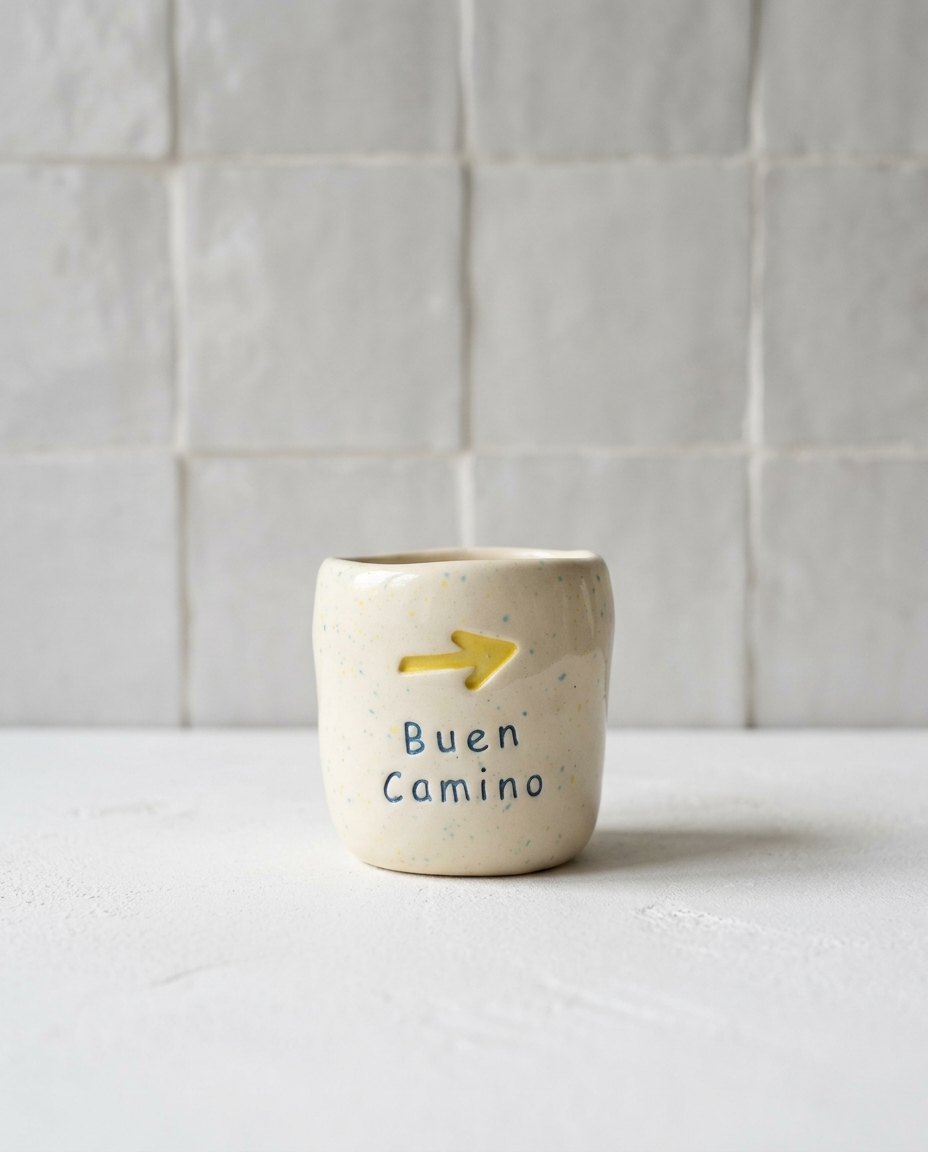 Copo de café em cerâmica creme com salpicado azul, seta amarela gravada e frase Buen Camino em azul, Tia Cila