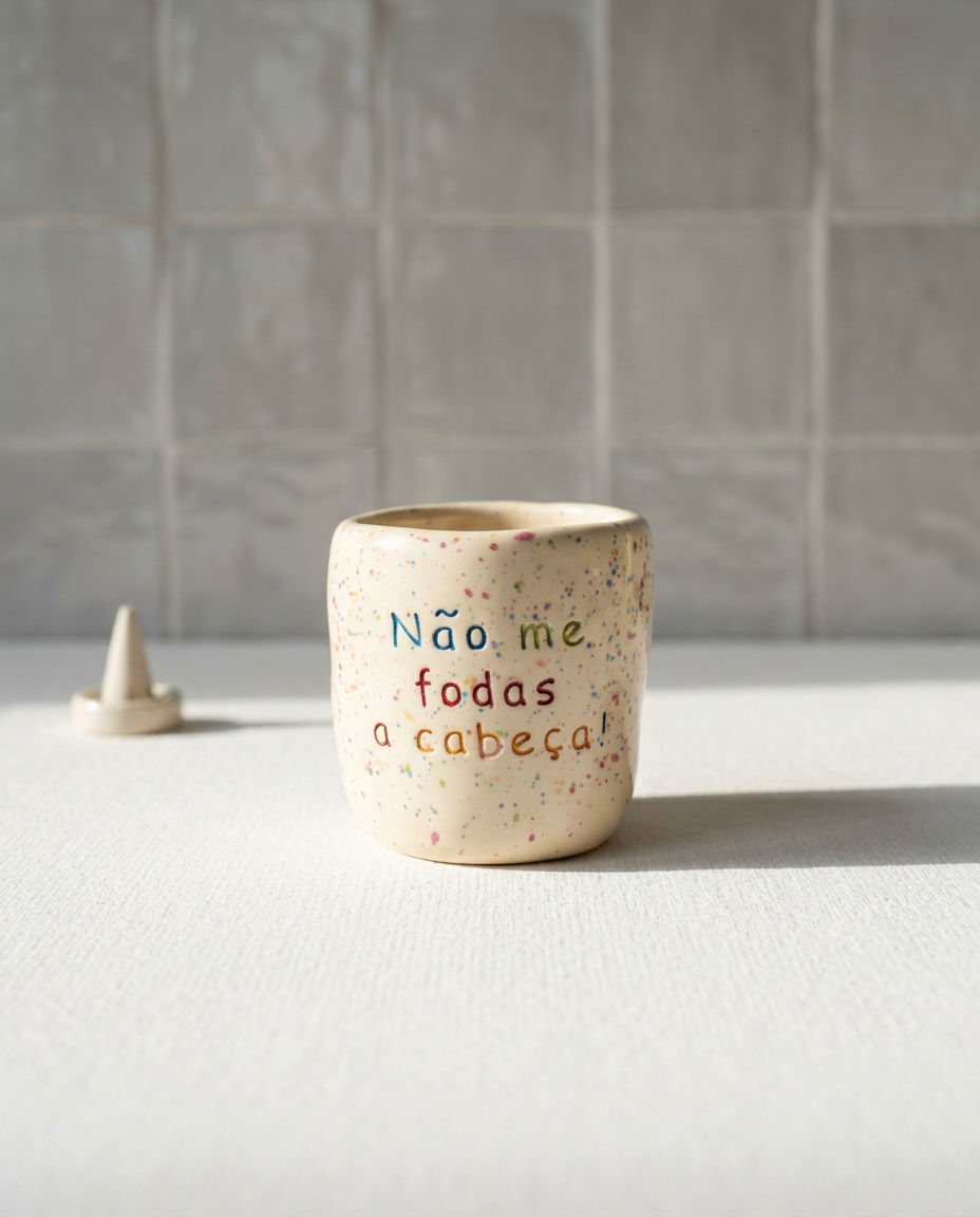 Copo de café em cerâmica creme com salpicado colorido e frase gravada Não me fodas a cabeça em letras coloridas, Tia Cila