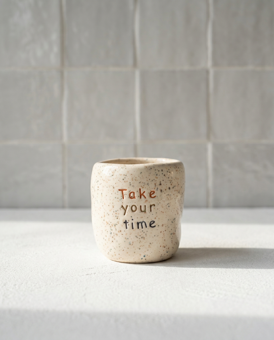 Copo de café em cerâmica creme com salpicado multicolor e frase gravada Take your time em laranja e azul, Tia Cila