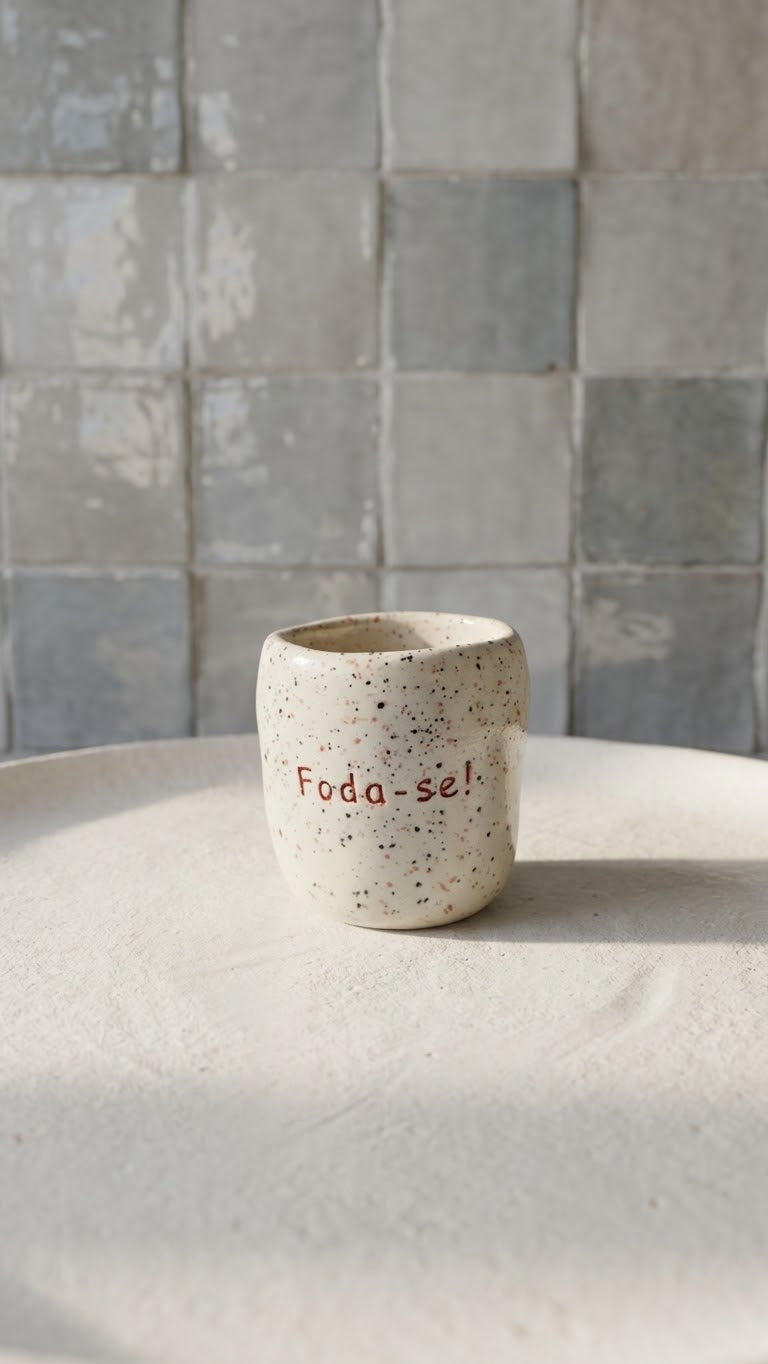 Copo de café em cerâmica creme com salpicado preto e vermelho e frase gravada Foda-se em vermelho, Tia Cila