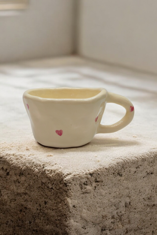 Duas canecas de cerâmica artesanal modelo Caetana com corações vermelhos e pretos pintados à mão - Tia Cila_1