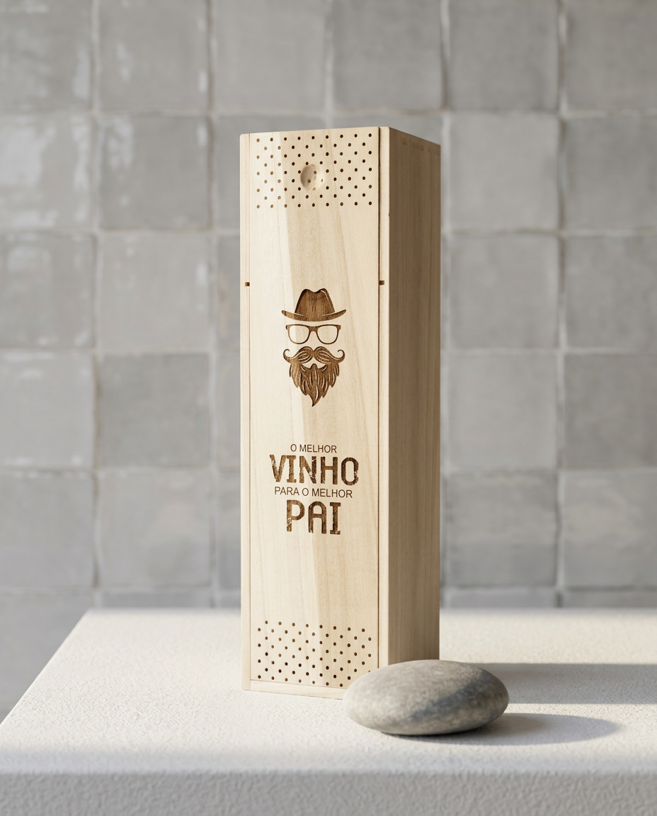 Caixa de madeira gravada para garrafa de vinho, presente de Dia do Pai com a frase "O Melhor Vinho para o Melhor Pai".