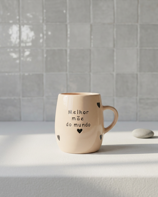 Caneca de cerâmica bege com vários corações pretos pintados e a frase "Melhor mãe do mundo" gravada, num ambiente minimalista com luz natural.