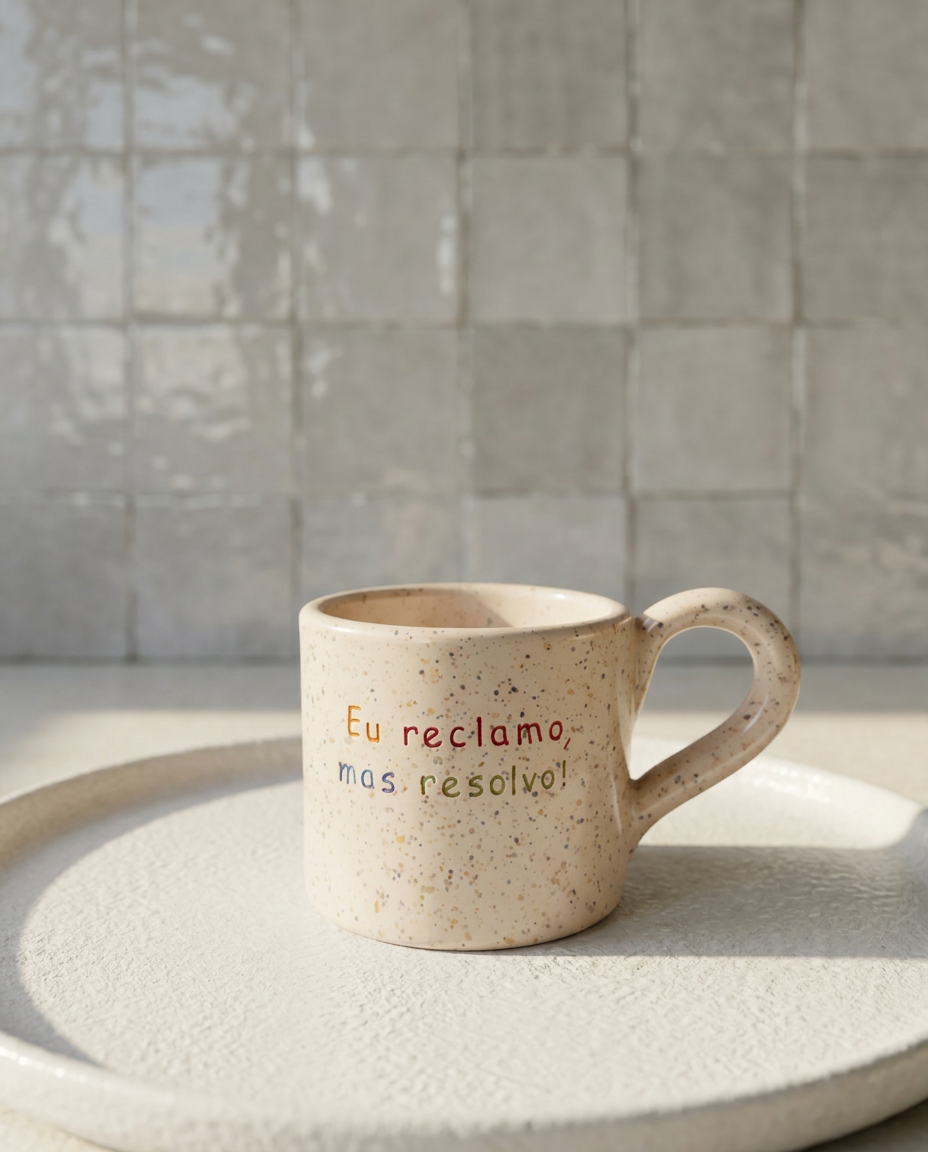 caneca de ceramica artesanal com pega salpicada com cores coloridas colocada sobre um prato branco com a frase eu reclamo mas resolvo marca tia cila