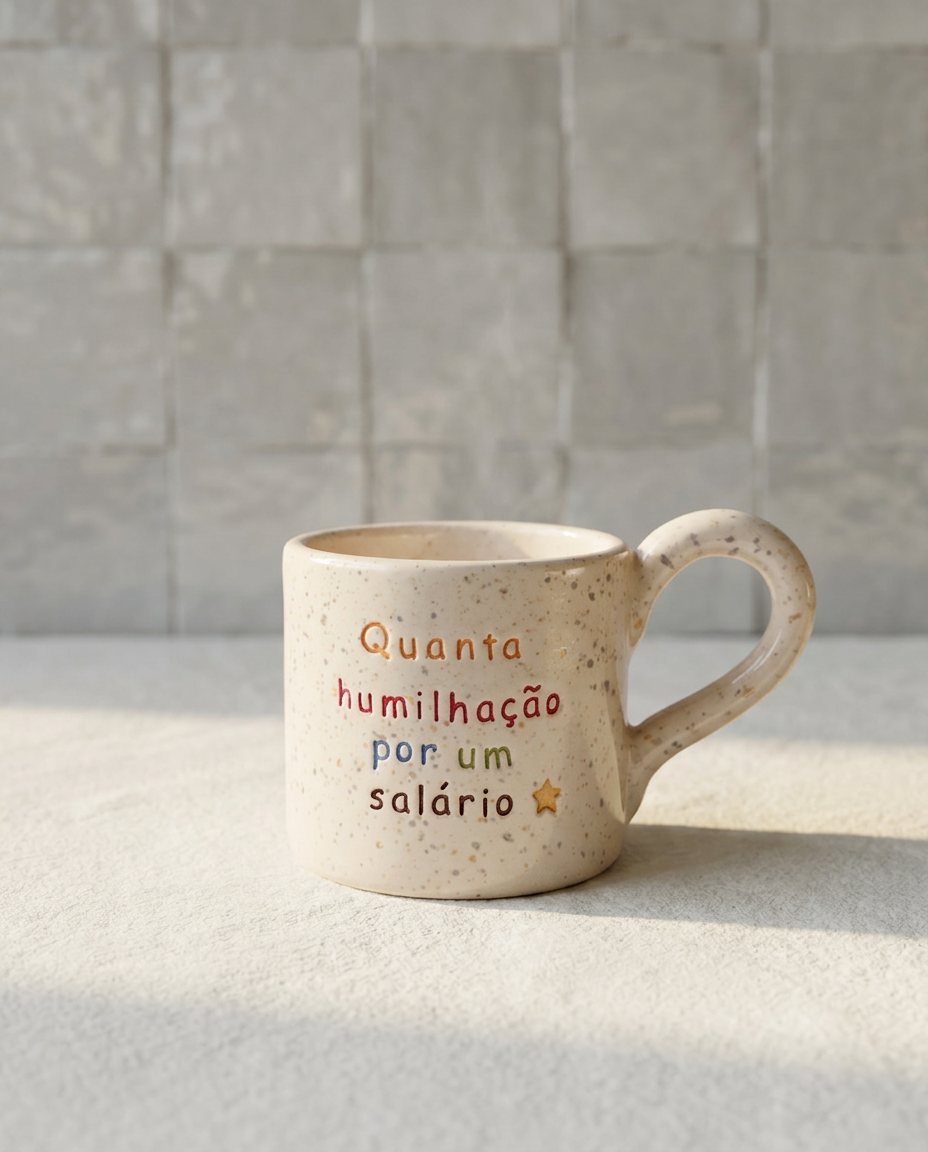 caneca de ceramica artesanal com pega salpicada com cores coloridas e a frase quanta humilhacao por um salario marca tia cila