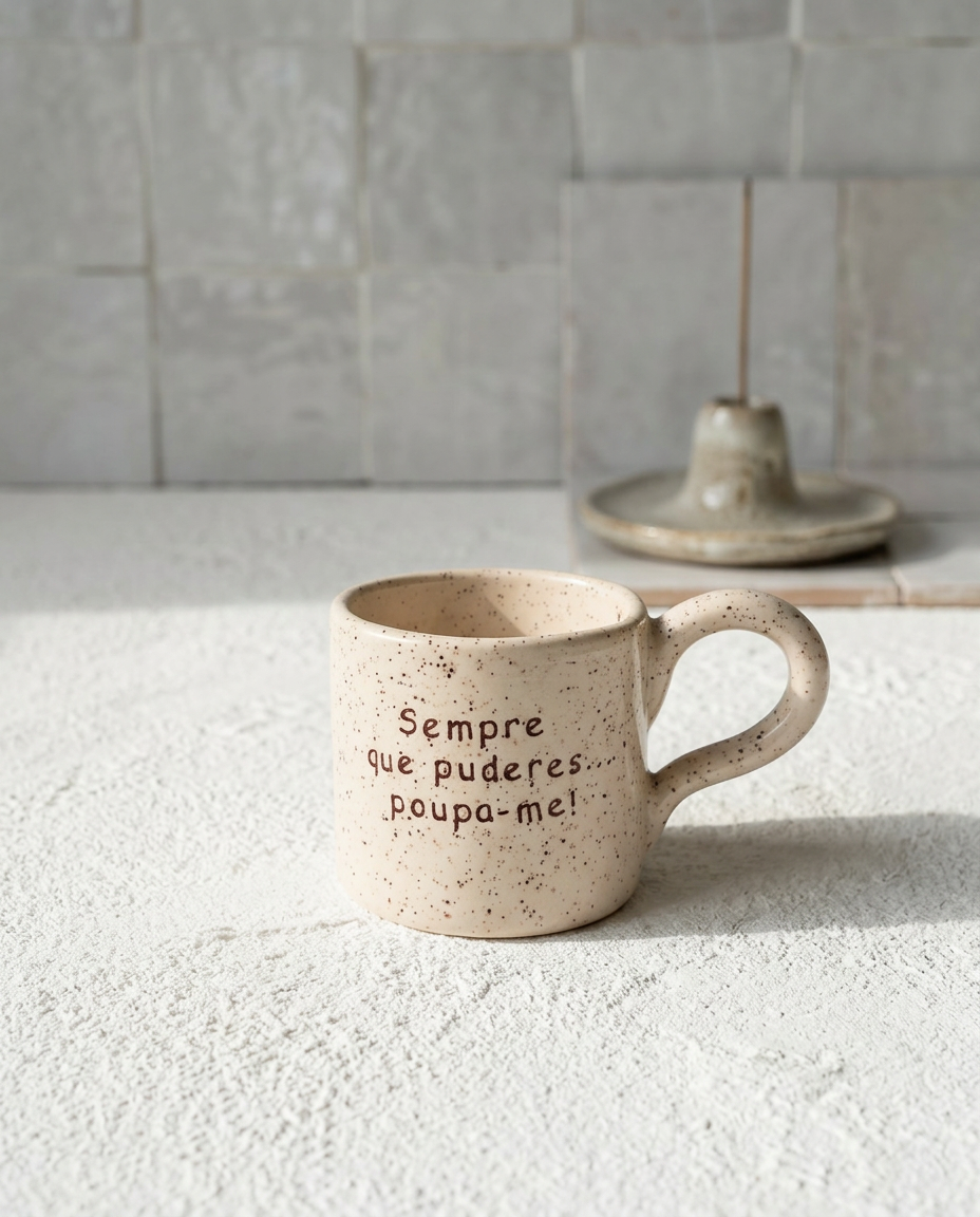 caneca de ceramica artesanal com pega salpicada com bordeaux e preto com a frase sempre que puderes poupa me marca tia cila