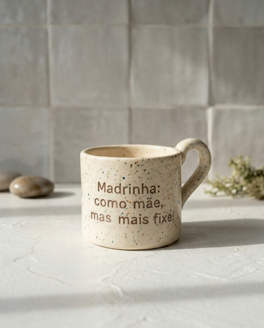 Caneca de cerâmica artesanal modelo Francisca, cor creme com salpicados ocre. Ao centro, a frase "Madrinha: como mãe, mas mais fixe!" gravada com um pequeno coração, fotografada com luz natural e pedras decorativas.