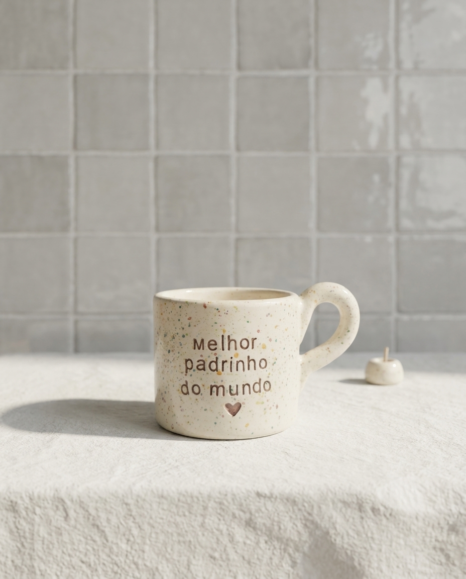 Caneca de cerâmica artesanal modelo Francisca, cor creme com salpicados coloridos e asa larga arredondada. Ao centro, a frase "melhor padrinho do mundo" gravada com um pequeno coração, fotografada com luz natural.