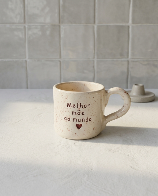 Caneca de cerâmica artesanal com asa (Modelo Francisca) salpicada, com a frase "A melhor mãe do mundo" e um coração gravados, vista de cima numa mesa de madeira.