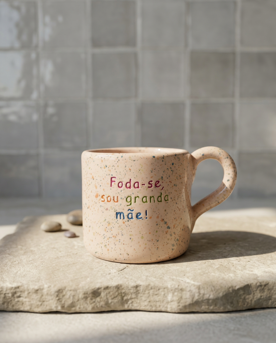 Caneca de cerâmica artesanal com asa (Modelo Francisca) de cor bege com salpicos coloridos, personalizada com a frase "Foda-se, sou granda mãe!" em letras coloridas, sobre uma base de pedra.