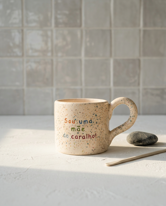 Caneca de cerâmica artesanal com asa (Modelo Francisca) salpicada com cores vibrantes e a frase "Sou uma mãe do caralho!" gravada de forma colorida.