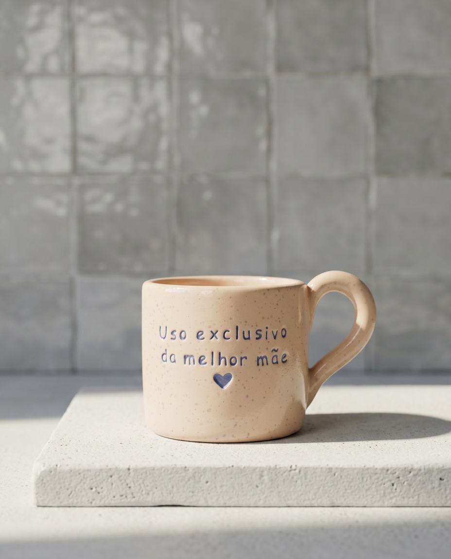 Caneca de cerâmica artesanal com asa (Modelo Francisca) de cor bege com salpicos azuis, personalizada com a frase "Uso exclusivo da melhor mãe" gravada em azul.