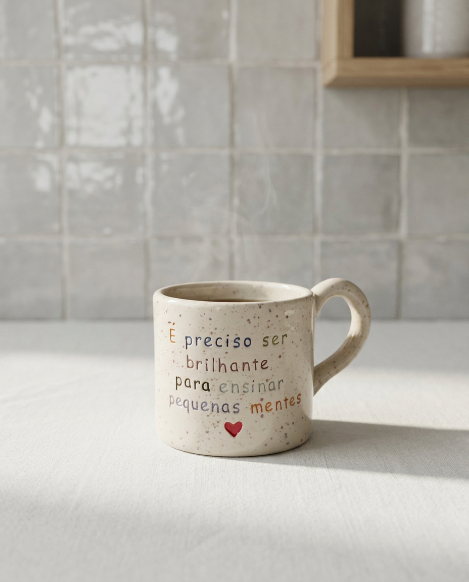 Caneca Francisca de cerâmica salpicada multicolorida com frase "É preciso ser brilhante para ensinar pequenas mentes ♡" gravada à mão, Tia Cila