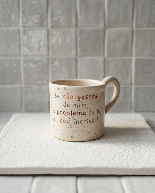 Caneca Francisca de cerâmica salpicada multicolorida com frase "Se não gostas de mim o problema és tu eu sou incrível" gravada à mão, Tia Cila