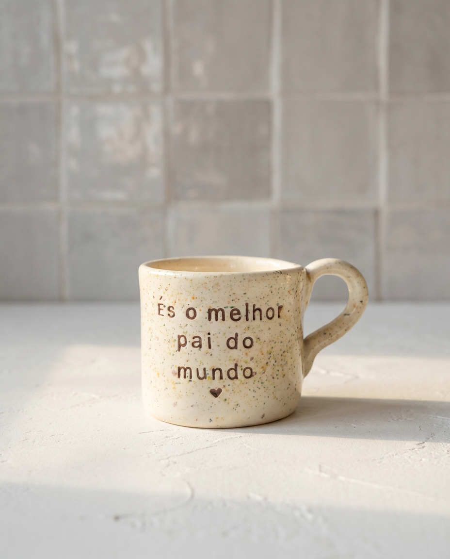 Caneca de cerâmica artesanal modelo Francisca com salpicado, gravada com a frase "És o melhor pai do mundo".