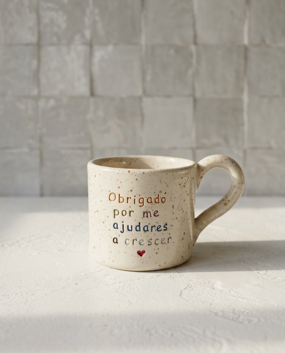 Caneca Francisca de cerâmica salpicada multicolorida com frase "Obrigado por me ajudares a crescer ♡" gravada à mão, Tia Cila