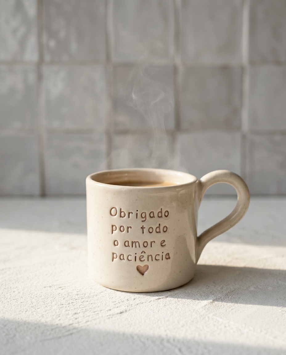 Caneca Francisca de cerâmica artesanal bege com frase "Obrigado por todo o amor e paciência ♡" gravada à mão, Tia Cila