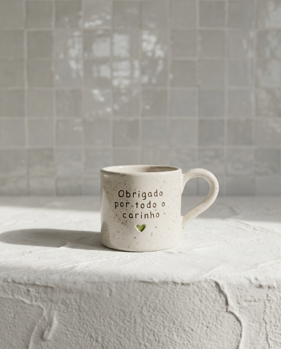 Caneca Francisca de cerâmica salpicada verde e verde alface com frase "Obrigado por todo o carinho ♡" gravada à mão, Tia Cila