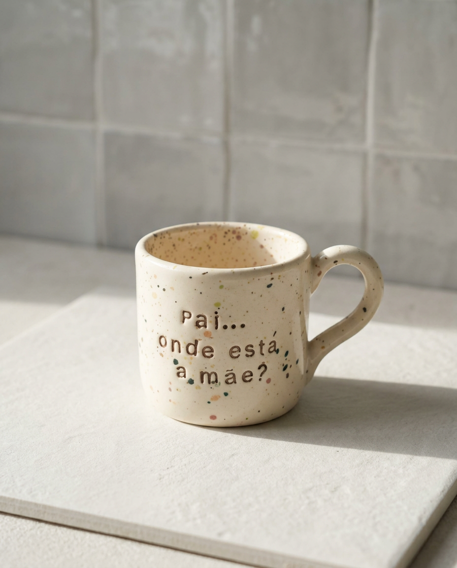 Caneca de cerâmica modelo Francisca da Tia Cila, com salpicado colorido e a frase gravada "pai... onde está a mãe?"