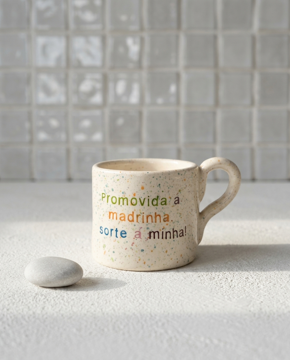 Caneca de cerâmica artesanal modelo Francisca, cor creme com salpicados coloridos. Ao centro, a frase "Promovida a madrinha, sorte a minha!" gravada em tons coloridos, acompanhada por uma pedra decorativa branca.