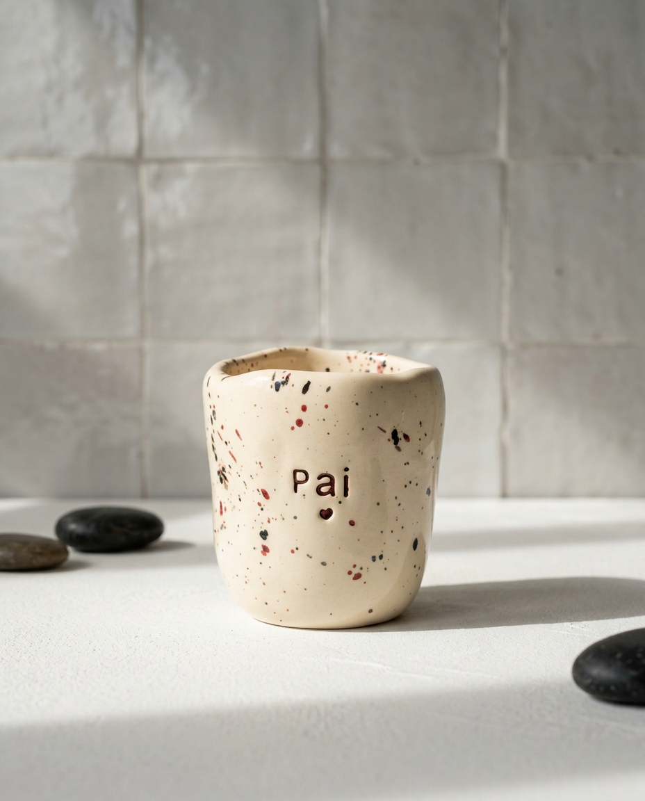 Copo de cerâmica artesanal Tia Cila com salpicado em bordeaux e preto, com a palavra "Pai" gravada na frente, seguro por uma mão.