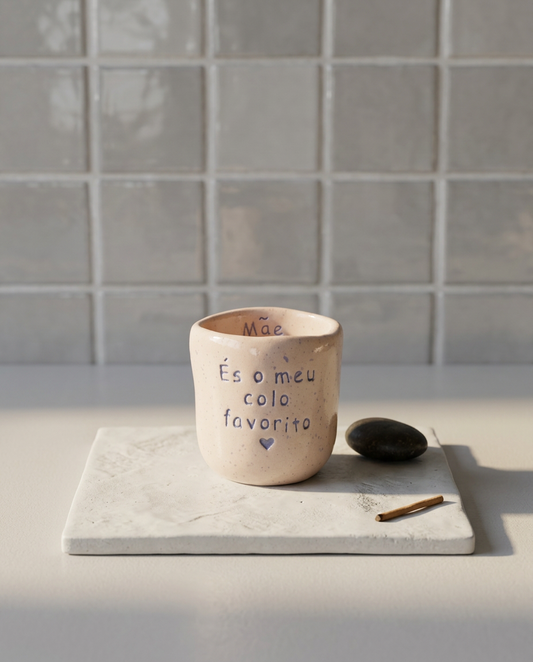 Copo de café artesanal sem asa (Modelo Inês) em cerâmica com salpicos azuis, apresentando a frase "És o meu colo favorito" gravada em azul e "Mãe" no interior.