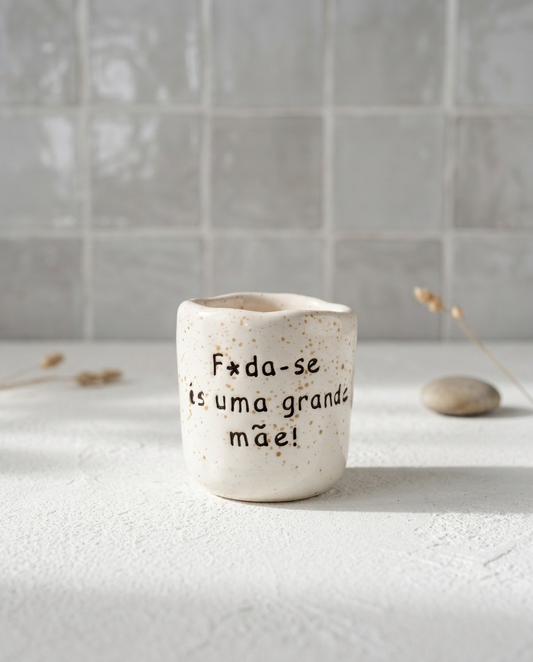 Copo de cerâmica artesanal sem asa (Modelo Inês) com a frase audaz "F*da-se és uma grande mãe" no exterior e "Amo-te" gravado no interior, com fumo a sair do interior.