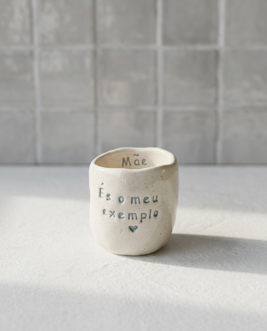 Copo de café artesanal sem asa (Modelo Inês) em cerâmica salpicada, com a frase "És o meu exemplo" gravada no exterior e "Mãe" no interior.