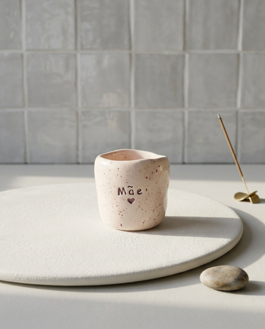Copo de café em cerâmica artesanal sem asa, modelo Inês, com a palavra "Mãe" e um coração gravados, acabamento salpicado em tons de rosa sobre base circular branca.