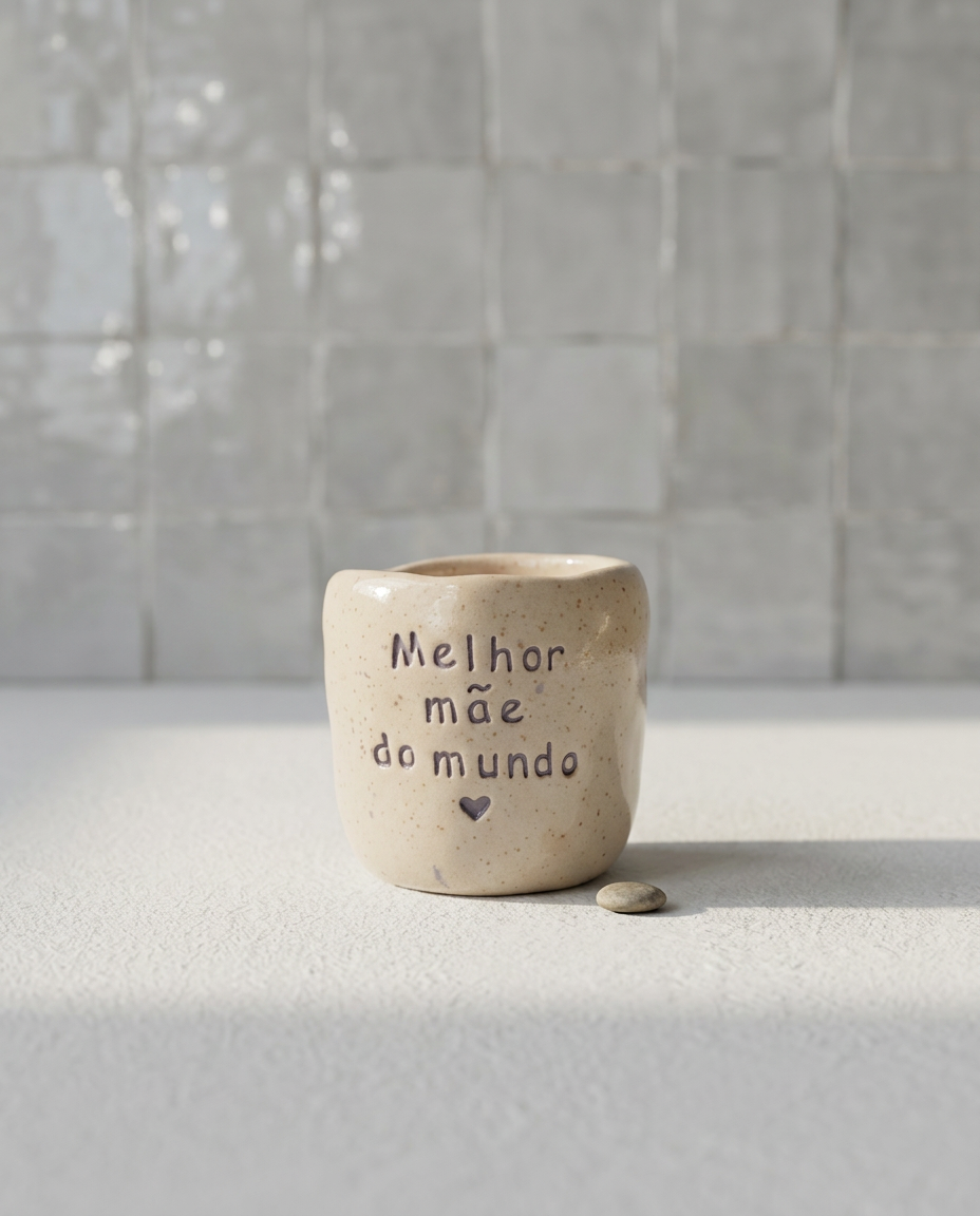 Copo de café artesanal em cerâmica salpicada sem asa, modelo Inês, com a frase gravada "Melhor mãe do mundo" e um pequeno coração