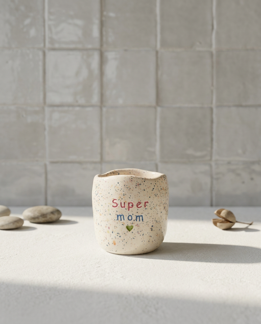 Copo de café artesanal sem asa (Modelo Inês) em cerâmica com salpicos coloridos, apresentando a frase "Super mom" em tons de vermelho e azul com um coração verde gravado.