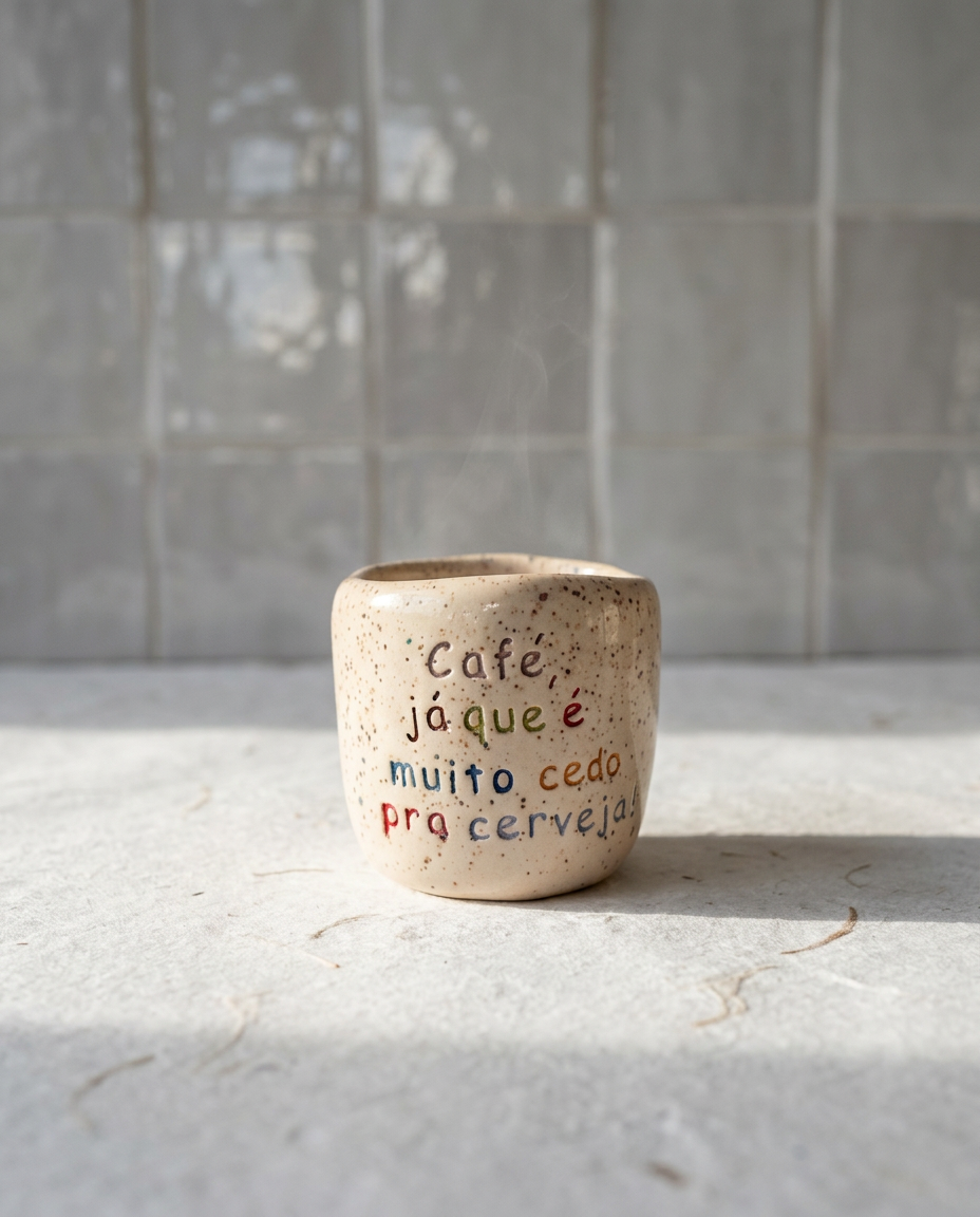copo de ceramica artesanal salpicado com a frase cafe ja que e muito cedo pra cerveja para cafe expresso da marca tia cila