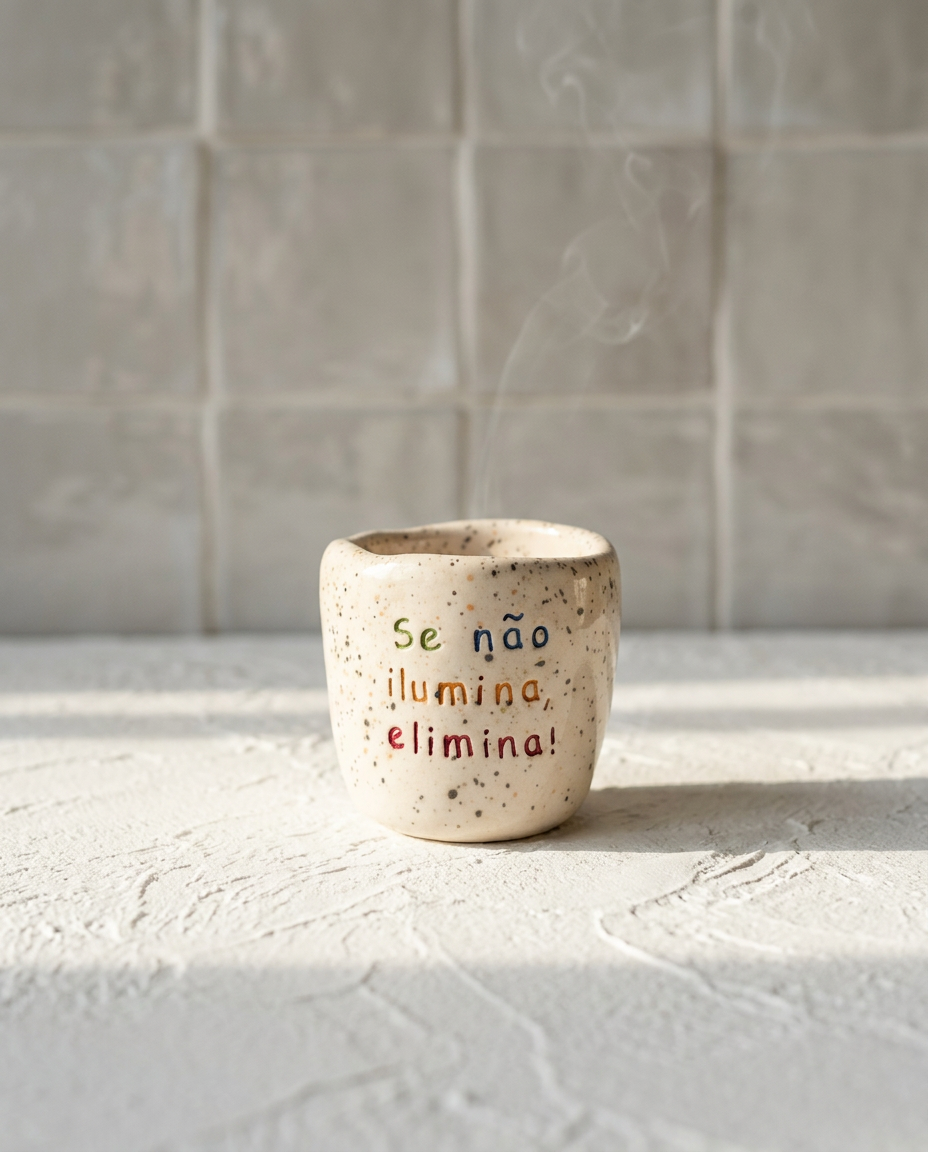 copo de ceramica artesanal salpicado com a frase se nao ilumina elimina para cafe expresso da marca tia cila