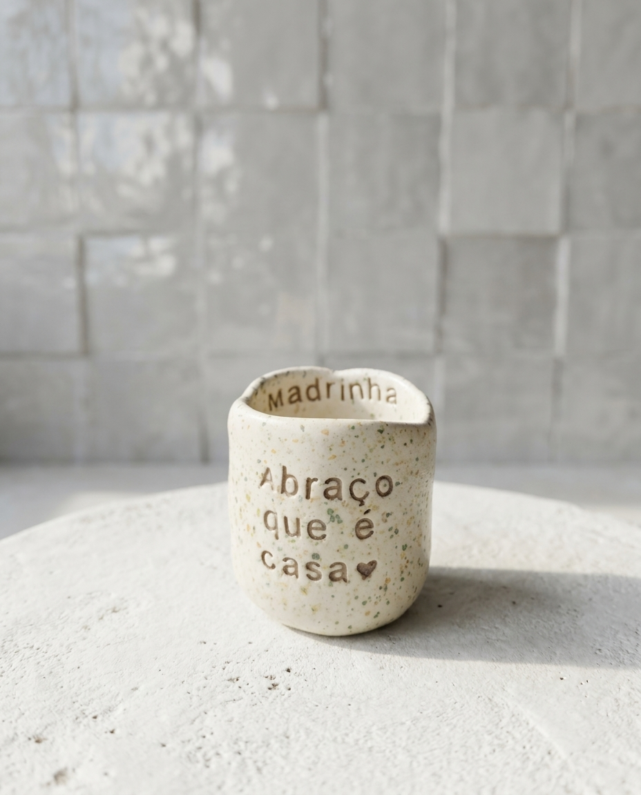 Copo de cerâmica artesanal modelo Inês, cor creme com salpicados verde musgo. Ao centro, a frase "Abraço que é casa" gravada em baixo relevo com cor escura, sobre uma superfície texturizada.