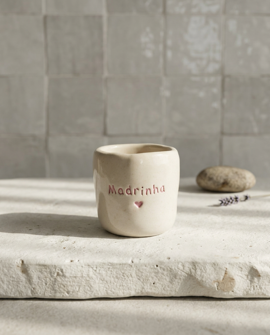 Copo de cerâmica artesanal modelo Inês, em tom creme com salpicados rosa pastel. No centro, a palavra "Madrinha" e um coração gravados em baixo relevo com cor rosa, sob luz solar natural.